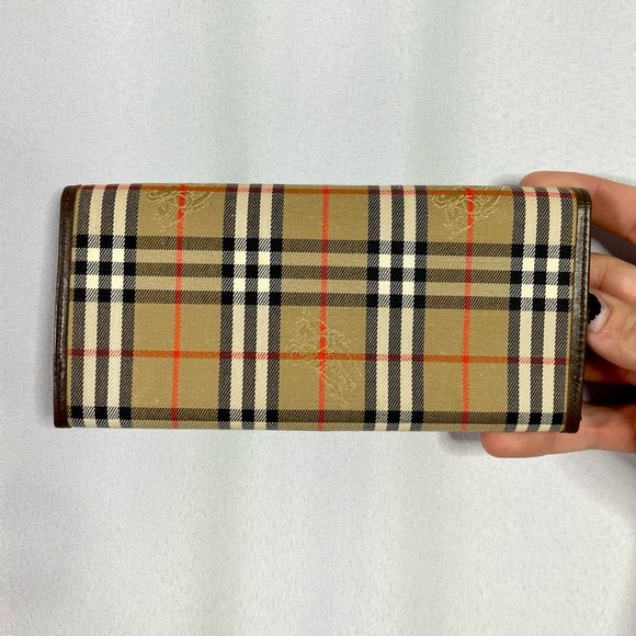 Burberry | vintage retro nova-check plaid canvas brown leather slim long wallet - Picture 2 of 11